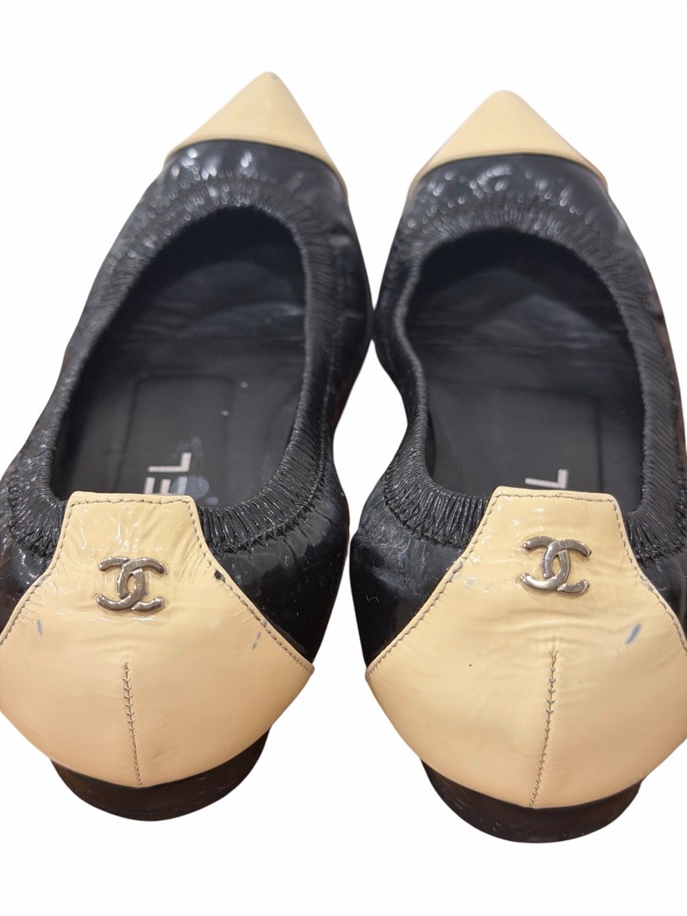 CHANEL Black Patent Leather Beige Cap Toe Ballet Flats Shoes Size 35 - Picture 8 of 16